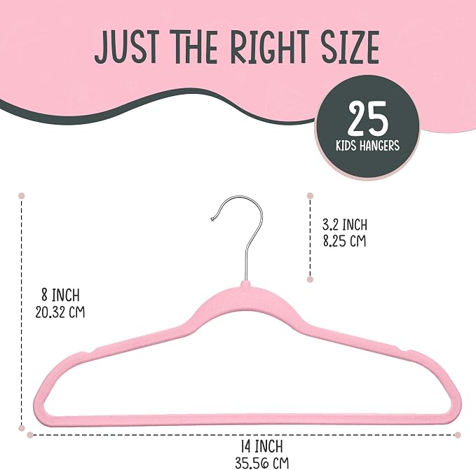 TechZoo 25 Premium Kids Velvet Hangers - 14" Non-Slip Clothes Hangers for Kids & Preteens - Ultra Slim, Space-Saving, Strong & Durable Hangers with 360° Swivel Hook - Pink - Image 2