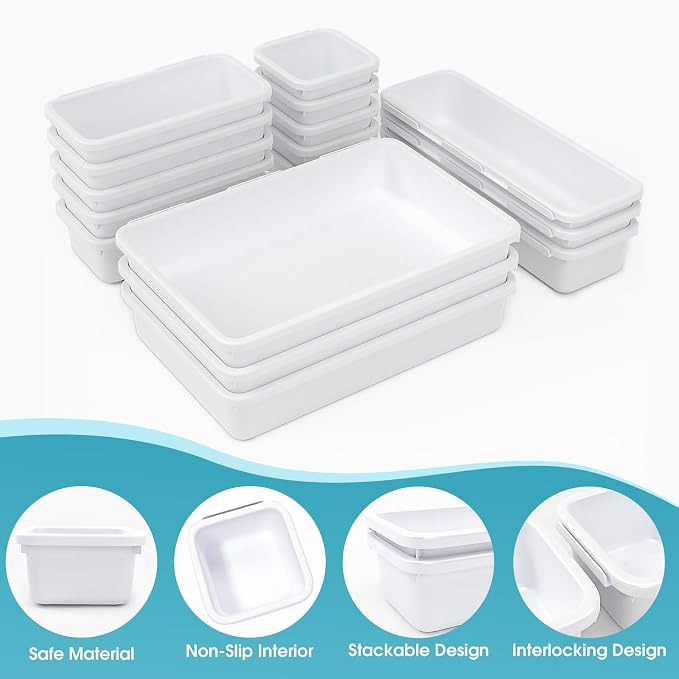 16 PCS Drawer Organizer Set, 4 Size Makeup Drawer Divider Organizer With Non-Slip Pads, Interlocking Plastic Storage Bins for Office,Jewelry Vanity,Gadgets, Bathroom,Kitchen, White - Image 3