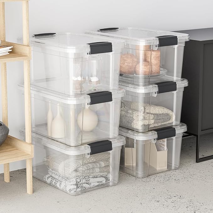 Superio Clear Storage Boxes with Lids, 26 Quart Plastic Container Bins for Organizing, Stackable Crates, BPA Free, Non Toxic, Odor Free, Organizers for Home, Office and Dorm, 8 Pack