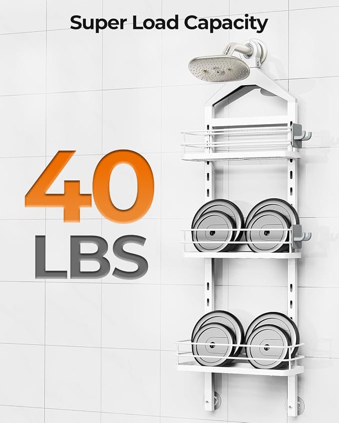ODesign 3 Tier Height-Adjustable Shower Caddy Hanging Anti-Swing-Over The Shower Head Caddy-Storage Organizer Bathroom Shelves Basket - White - Image 7