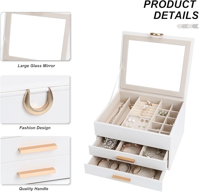 Jewelry Storage Box for 150+ Items - Features a Mirror, Smooth Gliding Drawers, and Non-Slip Earring Pads for Maximum Organization White - Image 4