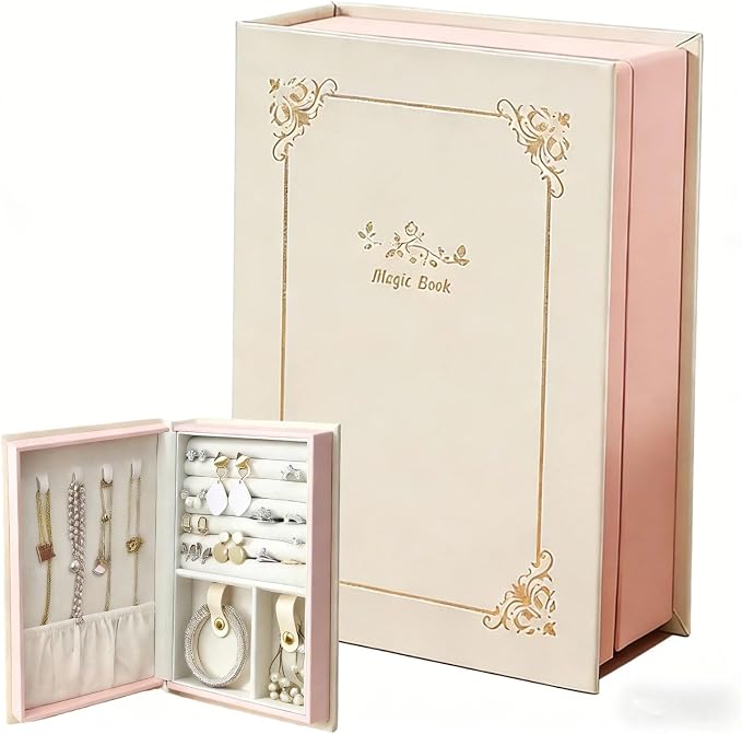 PU Leather Book Jewelry Organizer Box with Magnetic Closure, Stylish Jewelry Box for Women and Girls,Travle Jewelry Case for Rings Necklaces Earring (Ashy Pink) by WEIKIMFF