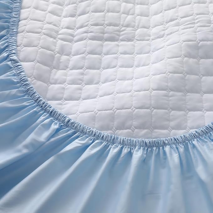 Quilted 100% Cotton Mattress Cover – 6 Colors, Machine Washable, Breathable & Stretchy, Fits up to 16-Inch Deep, Twin/Full/Queen/King (Blue, Twin)