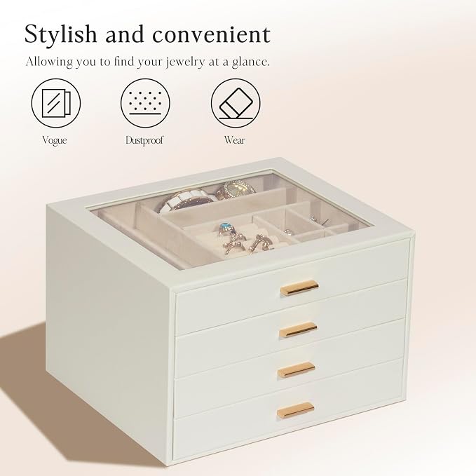 Jewelry Box with Glass Lid, 4-Layer Jewelry Organizer for Women Girls, PU Leather Display Case with 20-Grid Earring Tray & Movable Dividers for Necklaces Rings - Cloud White - Image 5