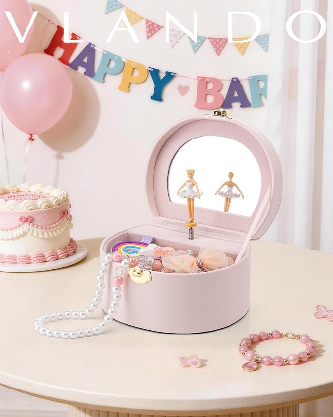 Vlando Musical Jewelry Box for Girls - Valentines Day Gifts for Daughter Kids - Birthday for Girls Ages 4 5 6 7 8-12 Year Old - Kid Music Box with Ballerina for Birthday Bedroom Decor - Light Pink - Image 3