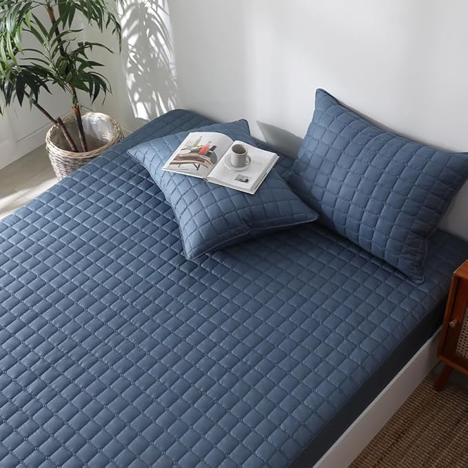 Quilted 100% Cotton Mattress Cover – 6 Colors, Machine Washable, Breathable & Stretchy, Fits up to 16-Inch Deep, Twin/Full/Queen/King (Navy, King)