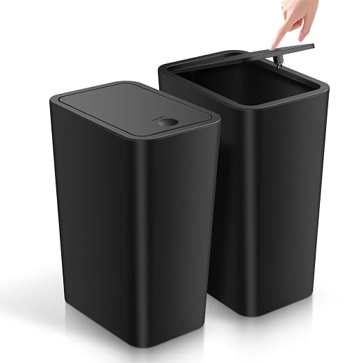 TIPGO Bathroom Trash Can with Lid, 4 Gallon / 15 Liter Small Garbage Can, Press Top Bin, Plastic Wastebasket with Pop-Up Lid for Bedroom, Living Room, Office (Black, 2 Pack) by TIPGO