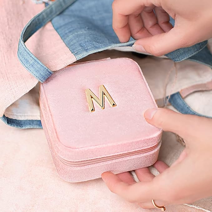 Vlando Small Travel Jewelry Box Organizer Display Case for Rings Earrings Necklaces Storage, Selected Soft Velvet, Letter M Engraved, Pink - Image 5