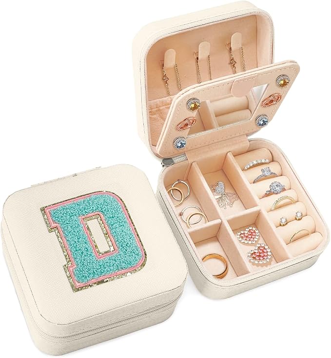 SANDJEST Personalized Jewelry Box, White Travel Jewelry Box with Initial D, Small Monogrammed Jewelry Case Organizer for Girls Women Teen Kids, Mini Travel Essentials Gifts for Birthday Christmas by SANDJEST
