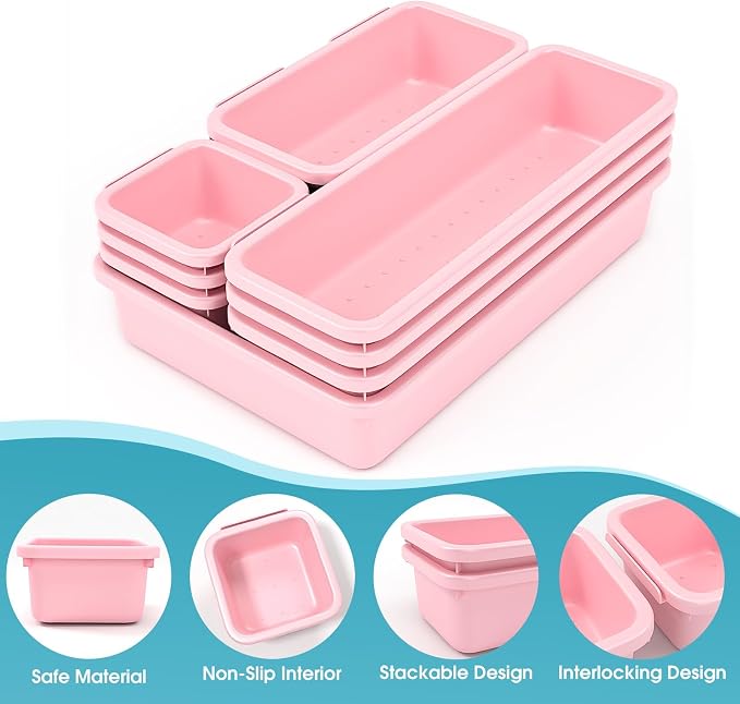 10 PCS Drawer Organizer Set, 4 Size Makeup Drawer Divider Organizer With Non-Slip Pads, Interlocking Plastic Storage Bins for Office,Jewelry Vanity,Gadgets, Bathroom,Kitchen, Pink - Image 3