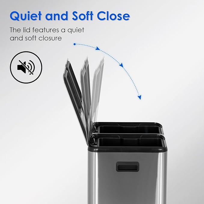 FDW Trash Can, 60 Liter (2x30L) 16 Gallon Stainless Steel Step Can, Rectangular Trash Can with Inner Buckets and Hinged Lids, Suitable for Kitchen Office Home Use,Silver - Image 3