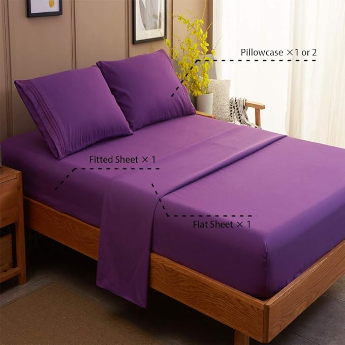 SONORO KATE Bed Sheet Set Super Soft Microfiber 1800 Thread Count Luxury Egyptian Sheets 18-Inch Deep Pocket Wrinkle and Hypoallergenic-4 Piece(Full Purple)