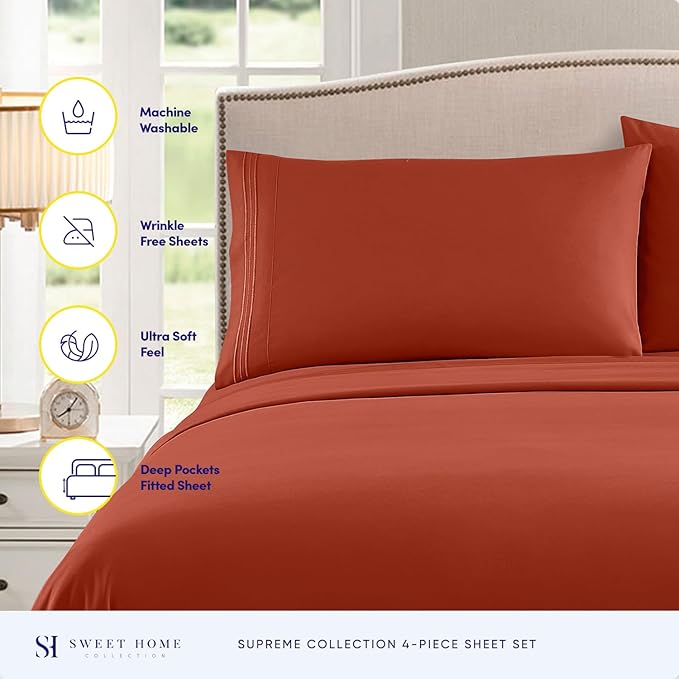 King Size Sheets - Breathable Luxury Bed Sheets with Full Elastic & Secure Corner Straps Built In - 1800 Supreme Collection Extra Soft Deep Pocket Bedding Set, Sheet Set, King, Rust