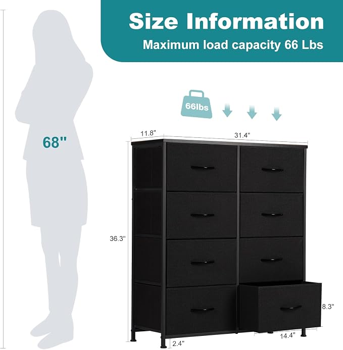 OLIXIS 8 Drawer Storage Dresser with Wood Top - Wide Fabric Chest Organizer for Bedroom, Closet, Living Room,Tower Cabinet, TV Stand, Hallway Entryway Furniture,Black - Image 3