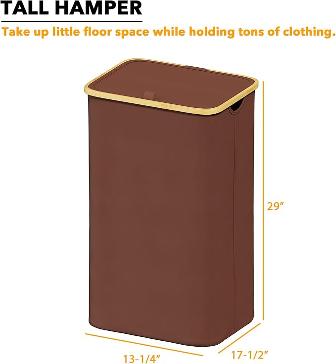 SpaceAid Laundry Hamper with Lid, 110L Large Tall Clothes Basket Bin with Bamboo Handles, Collapsible Laundry Hamper for Bedroom, Bathroom, Dorm, Laundry Room - Brown - Image 4