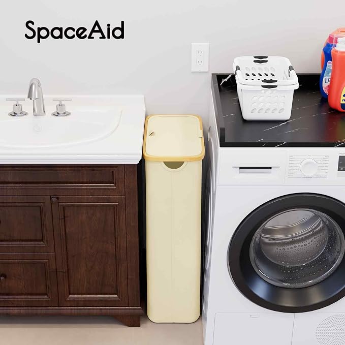 SpaceAid Slim Laundry Hamper with Lid, 65L Narrow Clothes Basket Bin with Bamboo Handles, Skinny Tall Collapsible Hamper for Bedroom, Bathroom, Dorm, Laundry Room - Beige - Image 3
