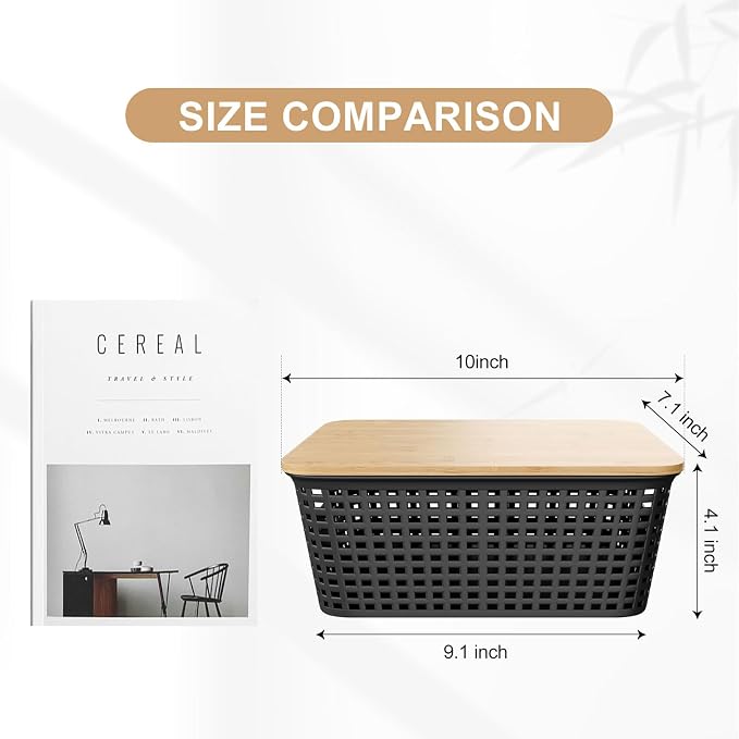6Pcs Storage Bins with Lids, Stackable Plastic Storage Basket with Bamboo Lid, Pantry Organizer Box Small Containers for Organizing Shelves Drawer Desktop Closet Cabinet Office Classroom 10x7.1x4.1in - Image 2