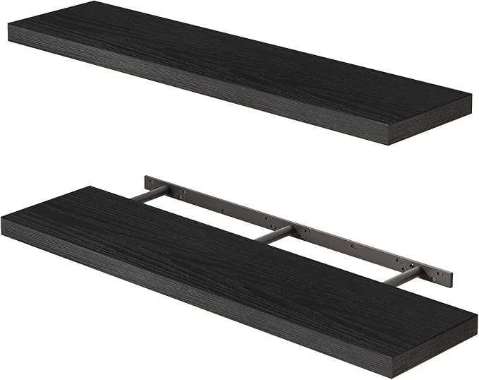 Fixwal Floating Shelves for Wall, 35" Long Heavy Duty Wall Mounted Rustic Wood Shelves for Living Room, Bedroom, Bathroom and Kitchen, Wall Shelves for Storage, Books, Room Decor (Black, Set of 2) by Fixwal