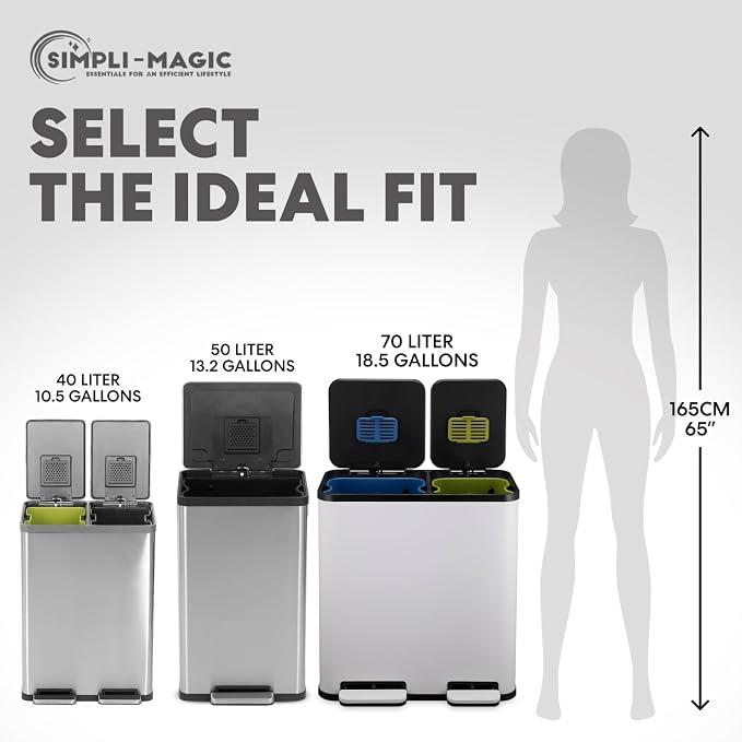 Simpli-Magic 70 Liter / 18.5 Gallon Rectangular Hands-Free Dual Compartment Recycling Kitchen Step Trash Can with Soft-Close Single Lid, Stainless Steel (40L x 30L Capacity), White - Image 4