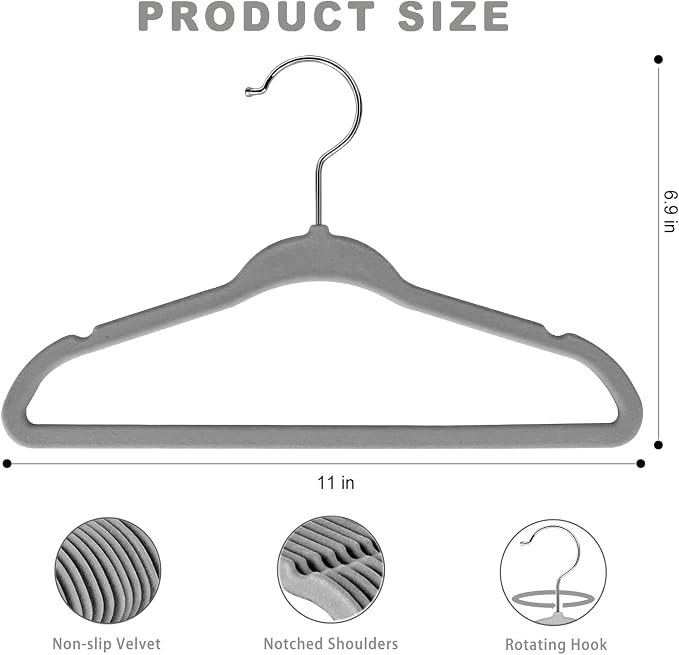 BAGAIL 50 Pack Kids Velvet Hangers 11 Inches Children's Clothes Hangers Non-Slip Baby Hangers for Infant/Toddler (Grey) - Image 2