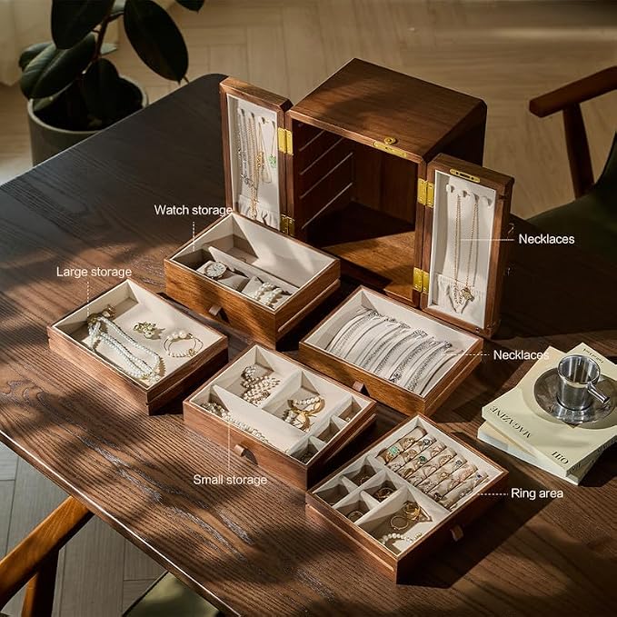 Lockable Walnut Jewelry Box with Key, 5-Layer Jewelry Organizer Storage Box for Necklaces, Rings, Earrings & Bracelets - Mothers Day Gifts for Mom - Image 3