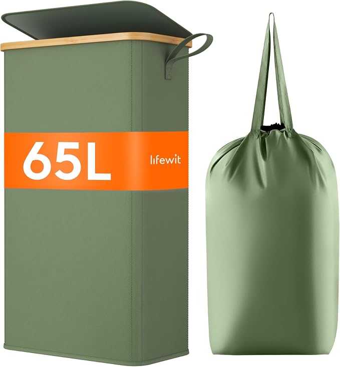 Lifewit 65L Slim Laundry Hamper with Lid, Narrow Laundry Basket with Removable Bag & Bamboo Handles, Fodable Thin Dirty Clothes Hamper for Laundry Collapsible Bin for Bathroom Bedroom Dorm, Green by Lifewit