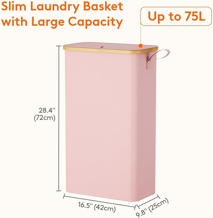 Lifewit 75L Slim Laundry Hamper with Lid, Narrow Laundry Basket with Removable Bag & Bamboo Handles, Fodable Thin Dirty Clothes Hamper for Laundry Collapsible Bin for Bathroom Bedroom Dorm, Pink - Image 3