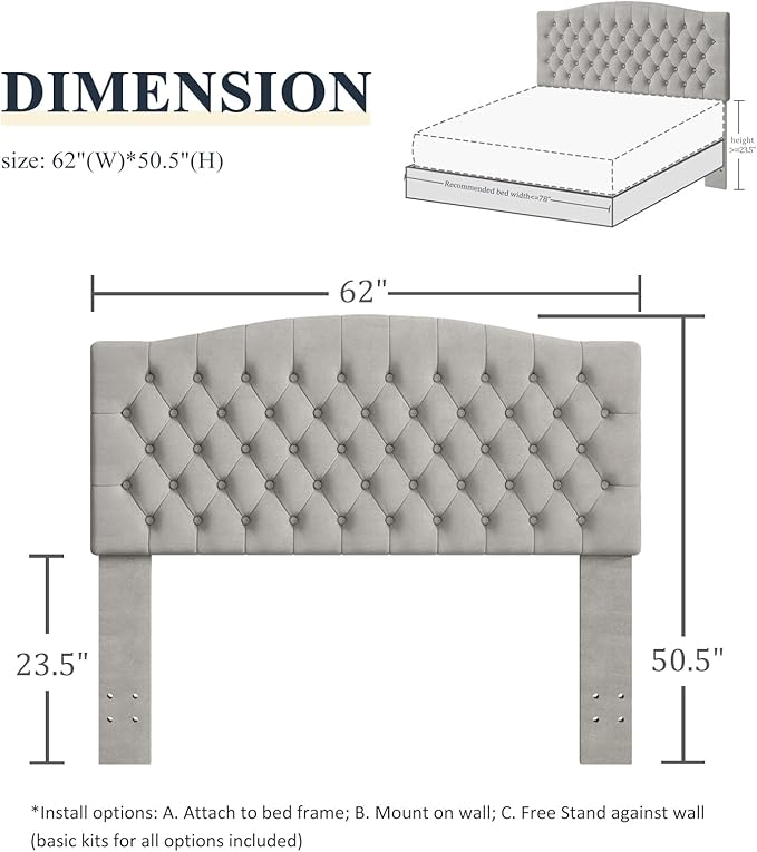 Befurtori Queen Headboard Only, Upholstered Headboard for Adjustable Bed Velvet Tufted Queen/Full Size Wall Mounted Head Board with Solid Wood Legs Head Board, Silver Gray