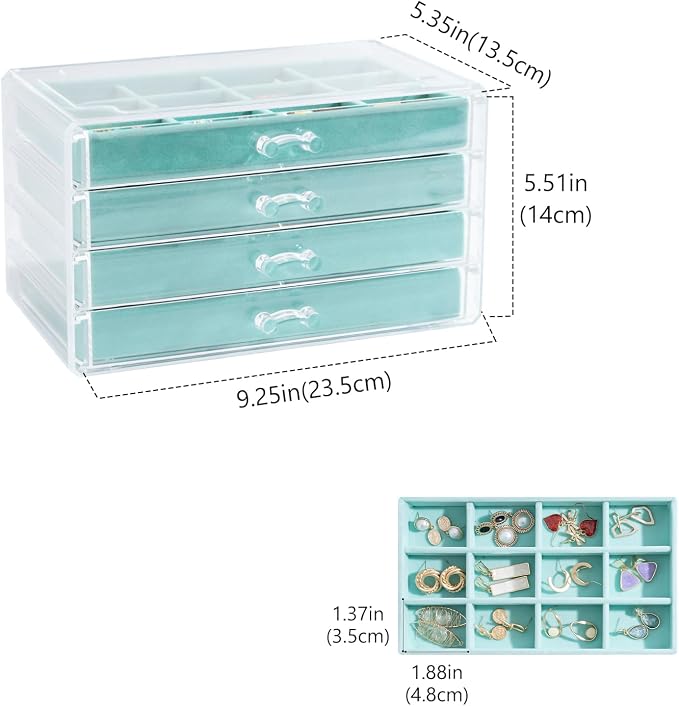 Lolalet Earring Holder Organizer Box Jewelry Storage with 4 Drawers, Clear Acrylic Stackable Earring Case with Adjustable Velvet Trays for Women on Dresser Vanity -Aqua, 4 Layers - Image 5