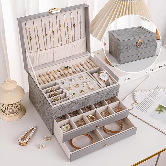 TOFUNTOY Jewelry Organizer Box, Large Jewelry Boxes for Women, 3-Layer Jewelry Holder Organizer for Necklace Earrings Rings Bracelets Storage, Gift for Her Mom - Image 2
