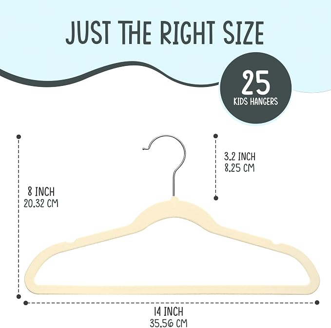 TechZoo 25 Premium Kids Velvet Hangers - 14" Non-Slip Clothes Hangers for Kids & Preteens - Ultra Slim, Space-Saving, Strong & Durable Hangers with 360° Swivel Hook - Beige - Image 2