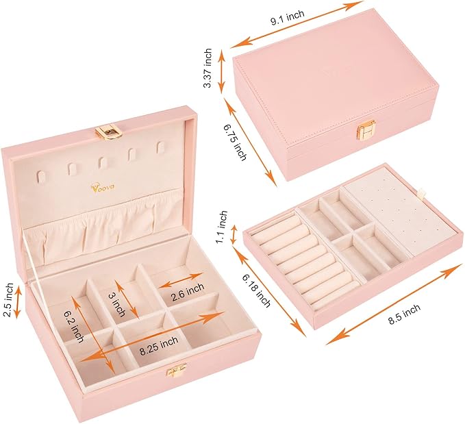 Voova Jewelry Box Organizer for Women Girls, 2 Layer Large Men Jewelry Storage Case, PU Leather Display Jewellery Holder with Removable Tray for Necklace Earrings Rings Bracelets, Vintage Gift, Pink - Image 6