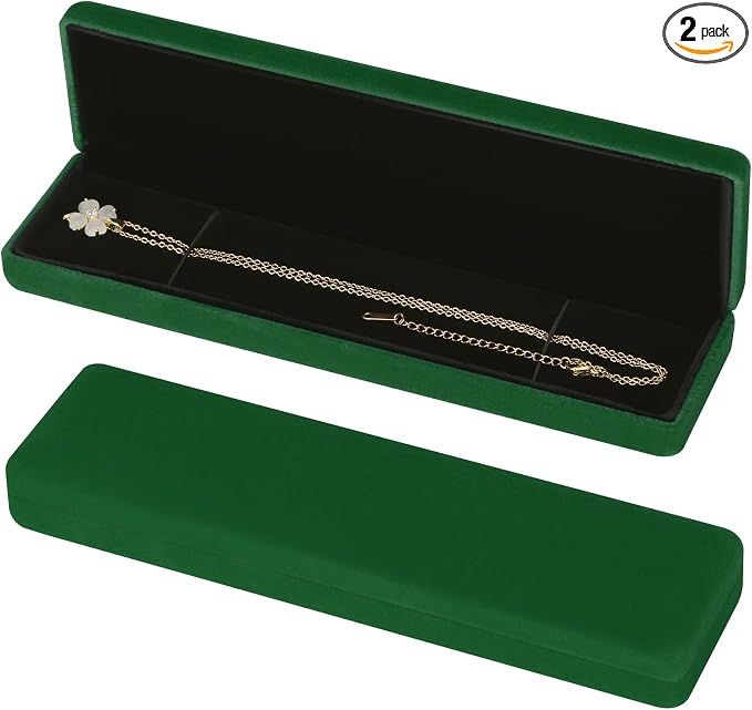 KUKUVR 2 Pieces Metal Velvet Necklace Bracelet Gift Box, Soft Lining Bracelet Pendant Long Chain Organizer Holder Display Case for Wedding Engagement Birthday Anniversary (Green) by Unknown