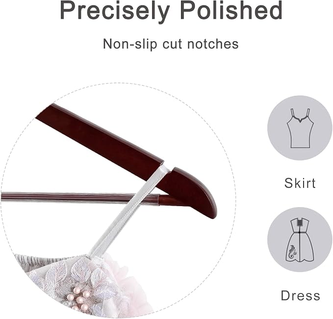 TOPIA HANGER Wooden Coat Hangers 30 Pack, Cherry Wood Suit Hangers with Non Slip Pants Bar, 360° Swivel Hook and Shoulder Notches for Camisole, Jacket, Pants, Smooth Finish Clothes Hangers - CT34M30 - Image 3