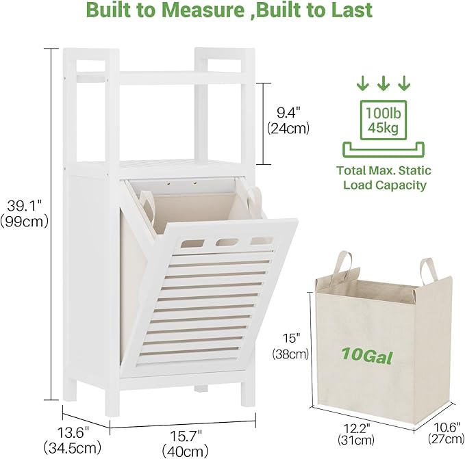 Homykic Tilt Out Laundry Hamper, 10 Gal Bamboo Laundry Storage Cabinet with Removable Basket, Hidden Hamper Organizer with Shelf for Dirty Clothes, Bathroom, Laundry Room, Space Saving, White - Image 7