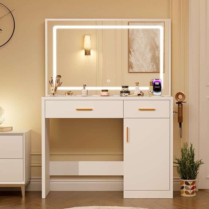 Sweetcrispy Vanity Desk with 35.4" LED Mirror and Lights, Makeup Vanity Table with Charging Station (2AC/USB/C), 2 Drawers & Large Cabinet, 3 Lighting Color Adjustable, Modern Dressing Table, White