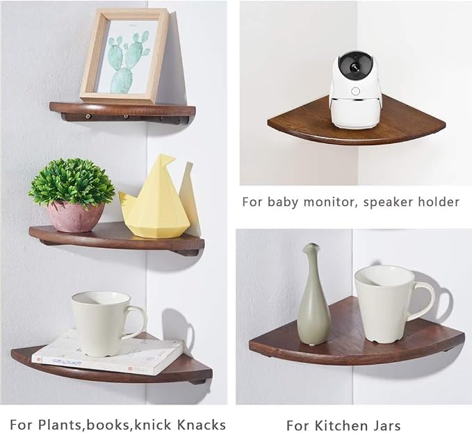 Corner Shelf, Solid Oak Wood Floating Corner Shelf Wall Mount Round End Floating Speaker Shelves with Wire Hole for Small Plant Photo Frame for Bedroom Kitchen, Living Room (Walnut, 7in) - Image 7