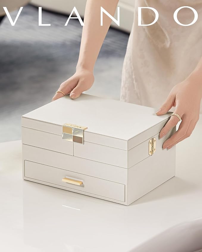 VLANDO 3 Layer Jewelry Box - Women Jewelry Box with Retractable Tray - Jewelry Organizers with Drawer for Necklaces, Rings, Bracelets, Earrings, Valentines Gift for Mom Girls - Cloud White - Image 2