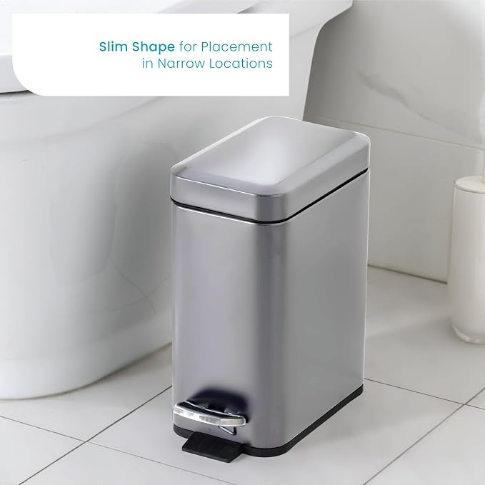 Home Zone Living 1.3 Gallon Small Bathroom Trash Can with Lid and Step Pedal, Stainless Steel Wastebasket with Slim Design for Home and Office, Silver, 5 Liters - Image 2