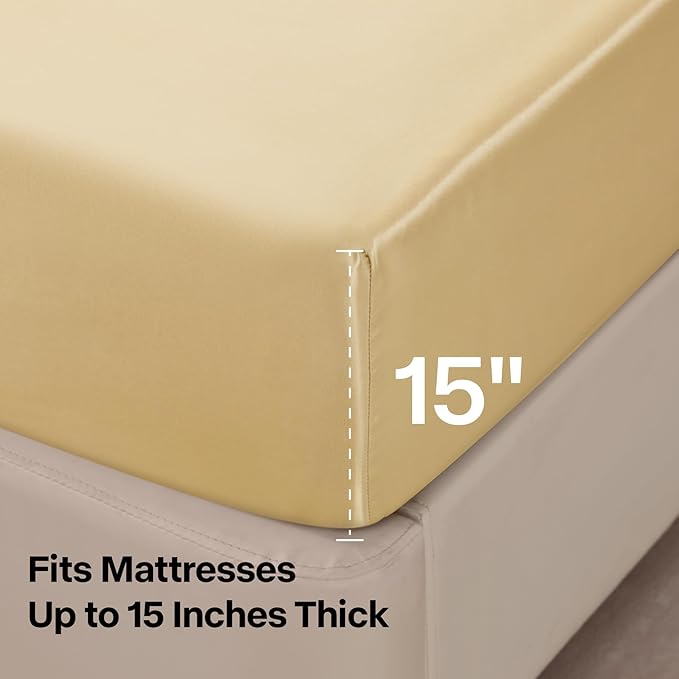 BEDELITE California King Sheets Set, Luxury Soft Champagne Satin Sheets for Hair and Skin, Similar to Silk Bed Sheets Set 4 Pieces with 1 Deep Pocket Fitted Sheet, 1 Flat Sheet, and 2 Pillowcases