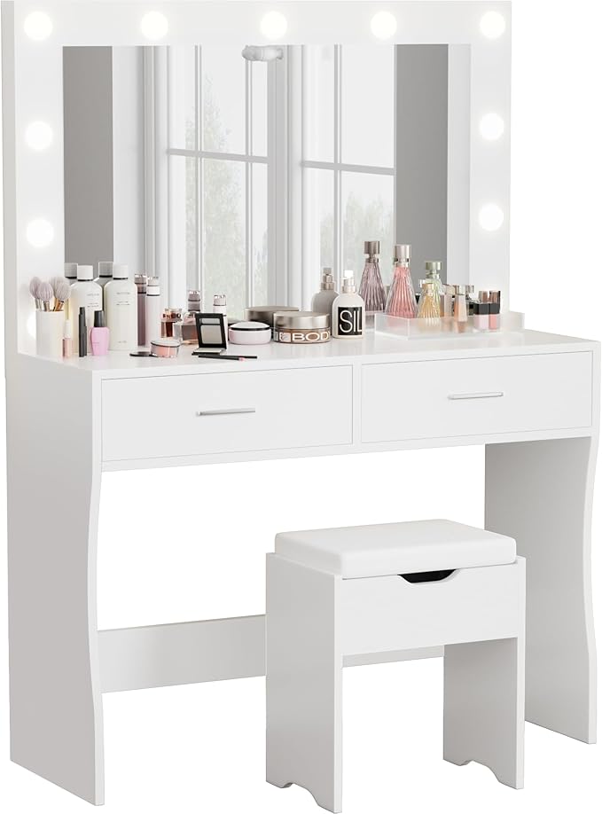 Furmax Vanity Desk Set with Large Lighted Mirror, 35.4 Inch Makeup Vanity Table with 2 Drawers, Cushioned Storage Stool, 3 Lighting Modes Brightness Adjustable, Dressing Table for Bedroom (White)