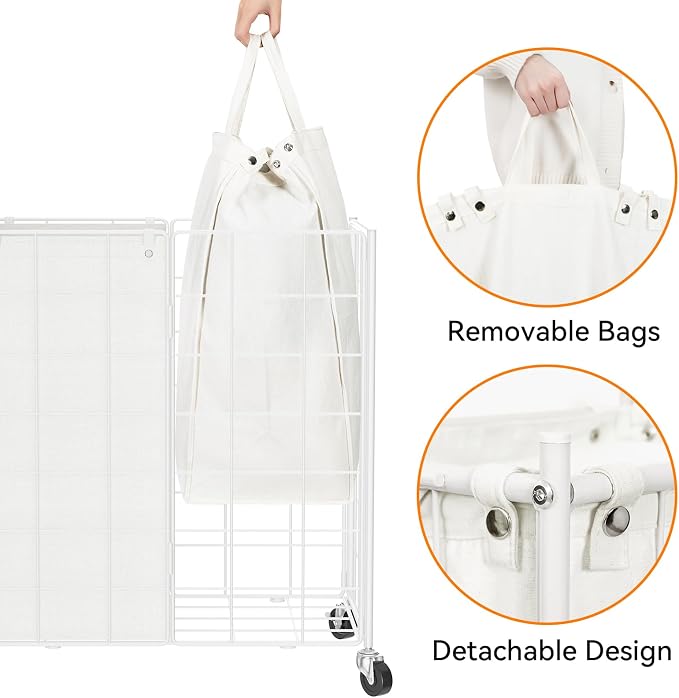 WOWLIVE Double Laundry Hamper with Wheels,Metal Wire Frame Rolling Laundry Basket with 2 Removable bags,120L Dirty Clothes Hamper Organizer Dorm Room Storage for Bedroom,Bathroom,White - Image 6