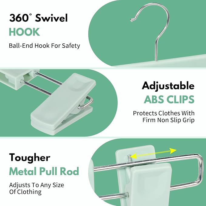 Skirt Hangers，Pants Hangers with Clips，360 ° Swivel Hooks Space Saving Hangers for Pants, Skirts, Clothes, Jeans (20Pack, Light Green) - Image 4