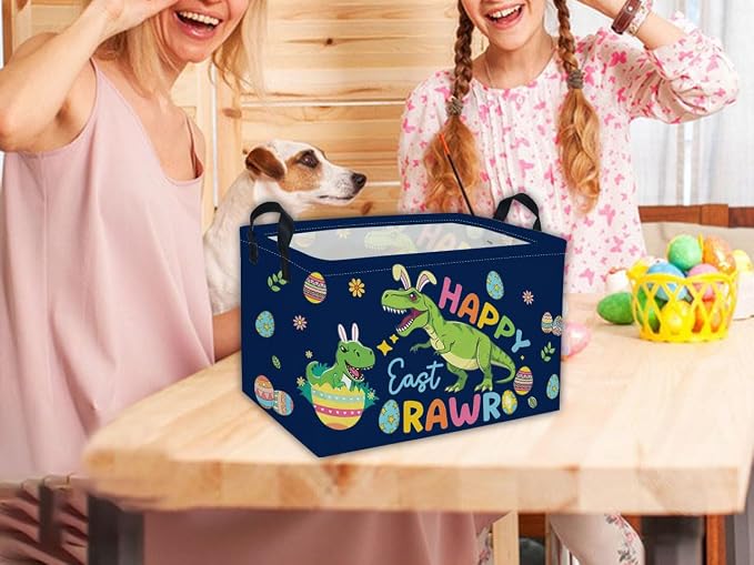 Rectangle Easter Dinosaur Baskets Kids Baskets Cute Storage Bin Organizer Box for Room Decor Gift Basket(Easter dinosaur) - Image 3