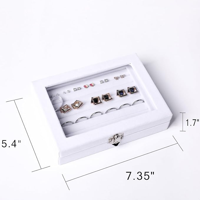 Frebeauty Rings/Earring Organizer Tray with Clear Lid,7 Slots Ring Box Velvet Ring Holder Drawer Insert Jewelry Storage Box Jewelry Display Case Jewelry Box Gift for Women and Girls(7 Slots,White) - Image 3
