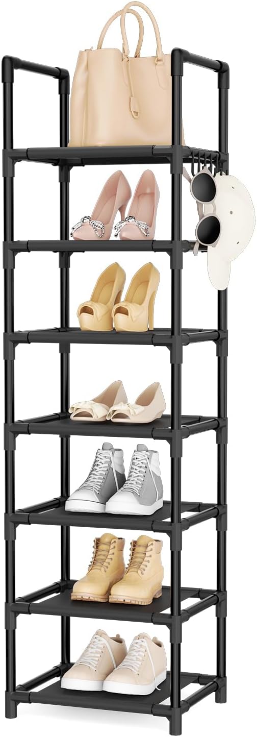 LANTEFUL Tall Shoe Rack 7 Tier Narrow Shoe Shelf Storage for 7-14 Pairs Shoe and Boot, Sturdy Shoe Storage Space Saving Corner Shoe Rack Organizer for Closet, Entryway, Living Room, Black by LANTEFULforTidyingHouse