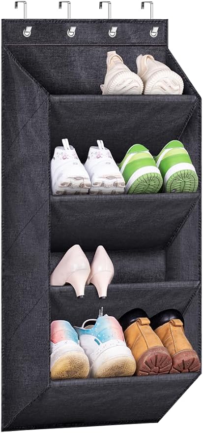 SLEEPING LAMB Over the Door Shoe Rack for Closet, Short Hanging Shoe Organizer with Large Deep Pockets, Narrow Door Sneaker Storage for Boots in RV, Dorm, Black by SLEEPINGLAMB