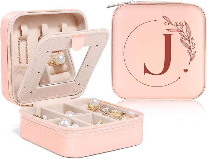 SANDJEST Personalized Jewelry Box, Pink Small Travel Jewelry Box with Initial J, Monogrammed Jewelry Case Organizer for Girls Women Teen, Mini Travel Essentials Gifts for Christmas Birthday by SANDJEST