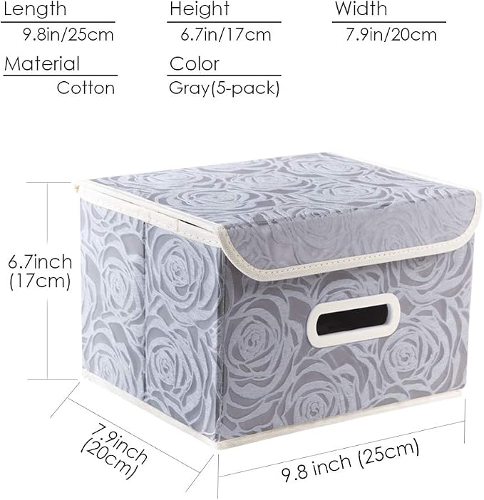 PRANDOM Stackable Storage Boxes with Lids [5-Pack] Fabric Decorative Storage Bins Cubes Organizer Containers Baskets with Cover Handles Divider for Bedroom Closet Living Room Grey 9.8x7.9x6.7 Inch - Image 5