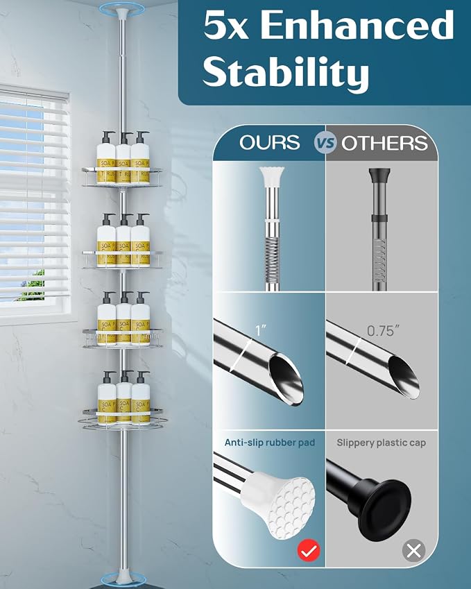 SEIRIONE Rustproof Shower Corner Caddy Organizer for Bathroom, 4 Adjustable Shelves with Tension Pole, for Bathtub Shampoo Accessories Storage Holder, 34 to 116 Inch Height, Silver - Image 5